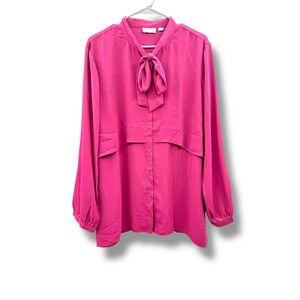 Joan Rivers Bow Neck Blouse Women's XL Pink Long Sleeve Button Front Layered
